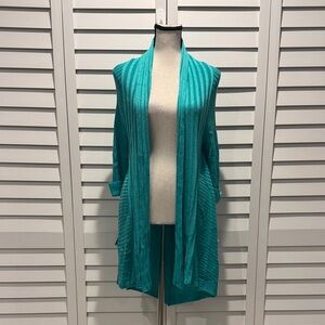 Toi et Moi Turquoise Long Cardigan with back Crotchet accent.
